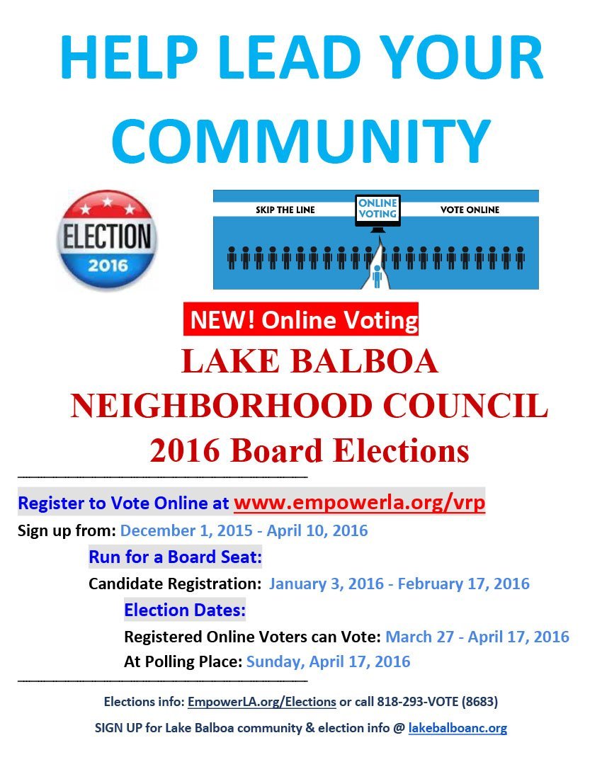 Lake Balboa Neighborhood Council Election Info Vote Online this Year