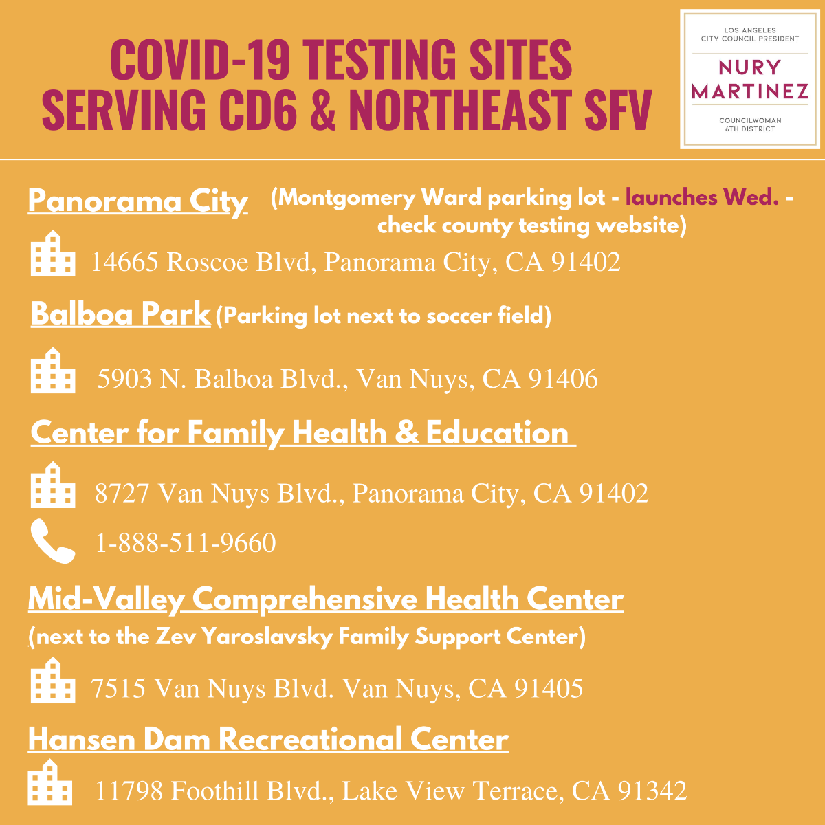COVID-19 Testing Sites Serving CD 6 & the Northeast San Fernando Valley